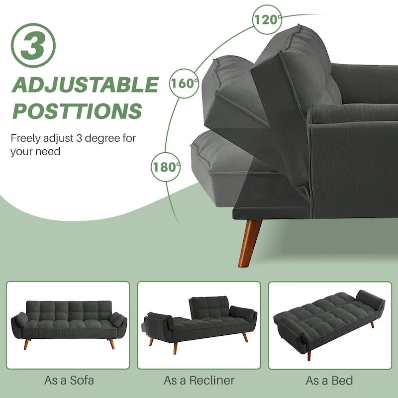 Canapé-lit futon convertible 4 couleurs avec dossier inclinable et 2 accoudoirs oreillers pour 2 personnes