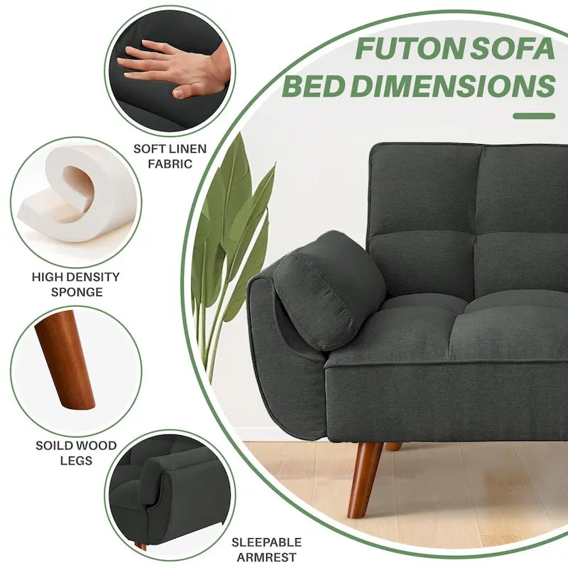 Canapé-lit futon convertible 4 couleurs avec dossier inclinable et 2 accoudoirs oreillers pour 2 personnes