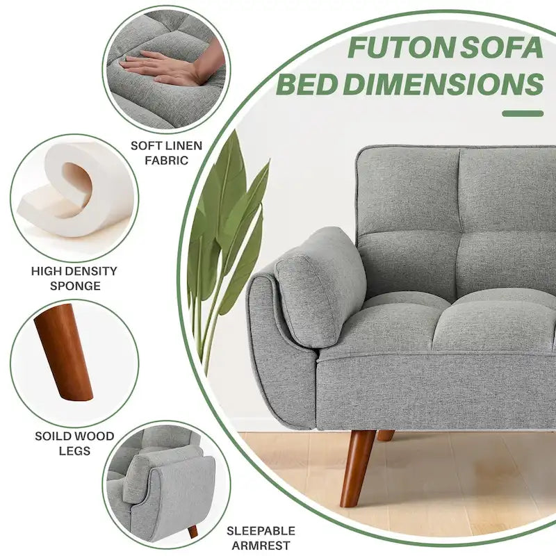 Canapé-lit futon convertible 4 couleurs avec dossier inclinable et 2 accoudoirs oreillers pour 2 personnes