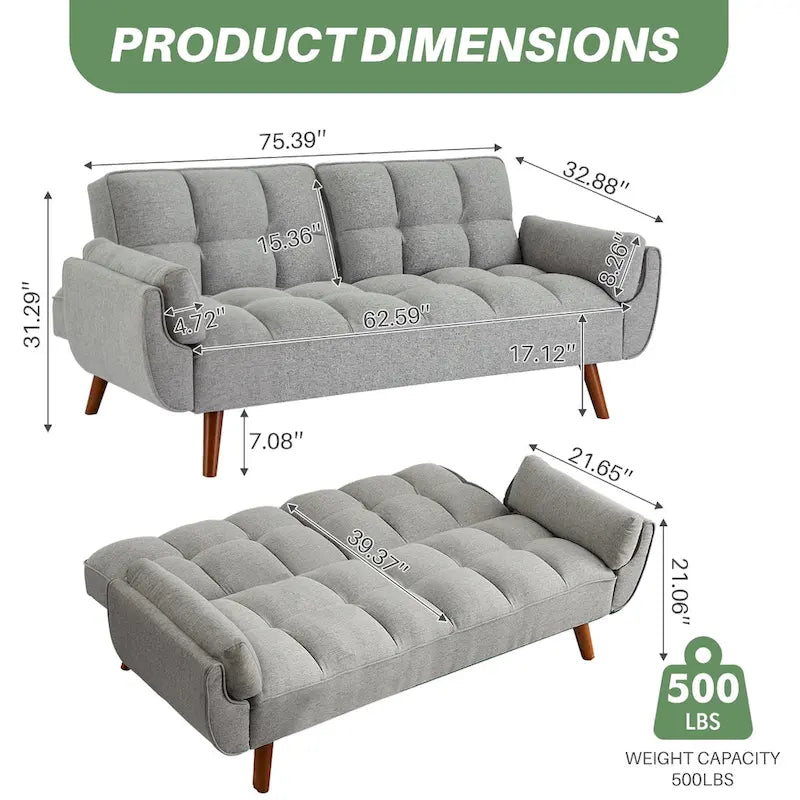 Canapé-lit futon convertible 4 couleurs avec dossier inclinable et 2 accoudoirs oreillers pour 2 personnes