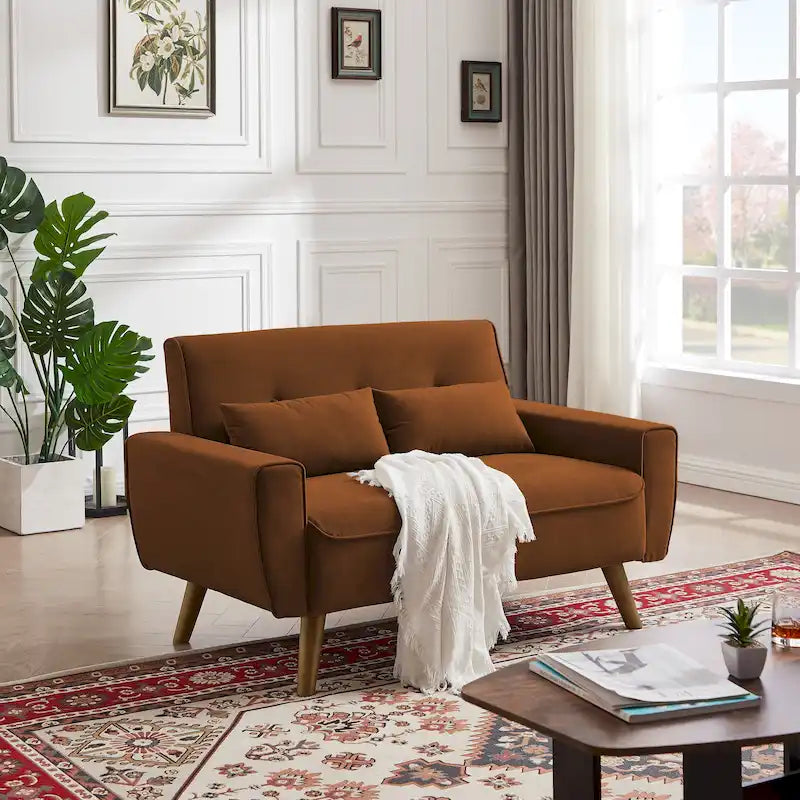 Causeuse moderne en lin touffeté 5 couleurs avec pieds en bois effilés et 2 oreillers pour 2 personnes