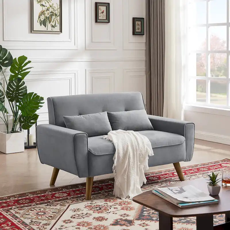 Causeuse moderne en lin touffeté 5 couleurs avec pieds en bois effilés et 2 oreillers pour 2 personnes