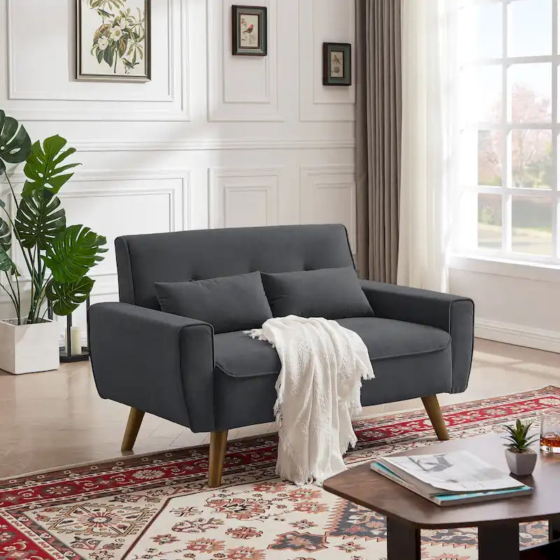 Causeuse moderne en lin touffeté 5 couleurs avec pieds en bois effilés et 2 oreillers pour 2 personnes