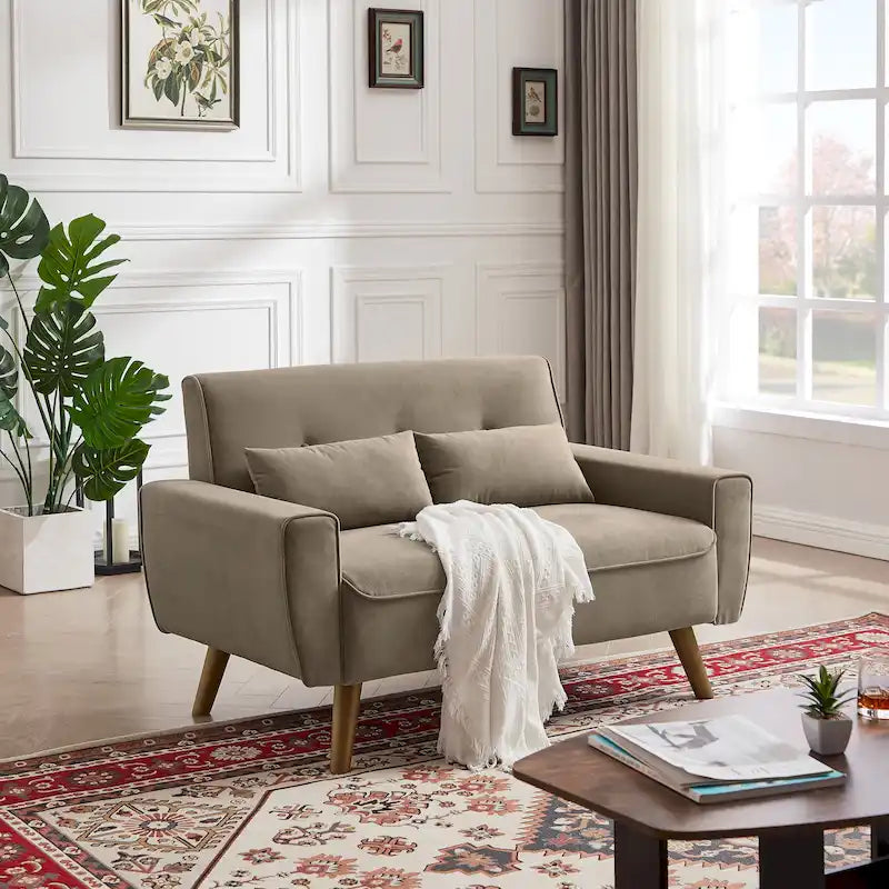 Causeuse moderne en lin touffeté 5 couleurs avec pieds en bois effilés et 2 oreillers pour 2 personnes