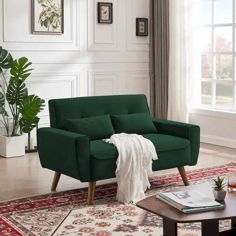 Causeuse moderne en lin touffeté 5 couleurs avec pieds en bois effilés et 2 oreillers pour 2 personnes