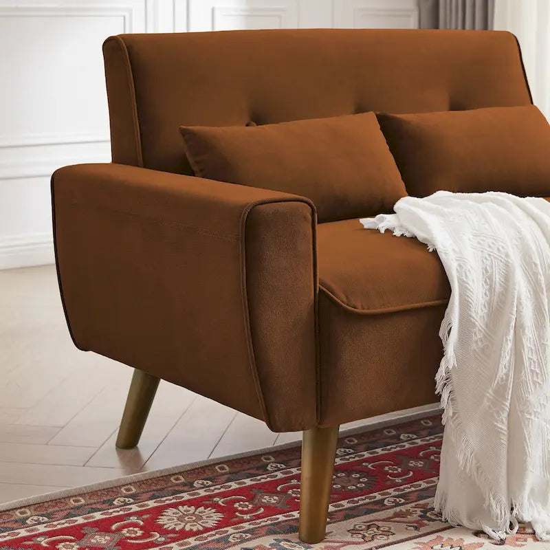 Causeuse moderne en lin touffeté 5 couleurs avec pieds en bois effilés et 2 oreillers pour 2 personnes