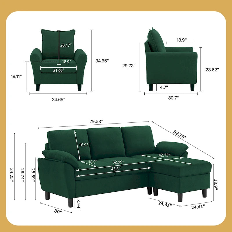 Ensemble canapé moderne de transition 8 couleurs avec fauteuil et ottoman pour 3+