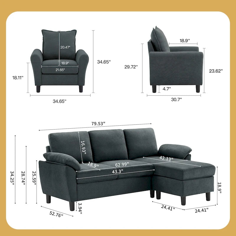 Ensemble canapé moderne de transition 8 couleurs avec fauteuil et ottoman pour 3+