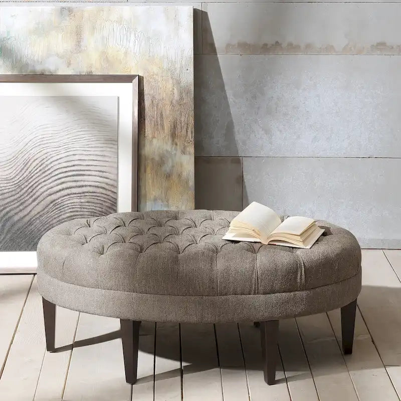 Ottoman capitonné ovale en tissu marron/beige/bleu pâle, 1 place
