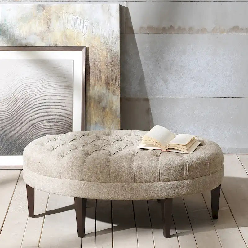 Ottoman capitonné ovale en tissu marron/beige/bleu pâle, 1 place