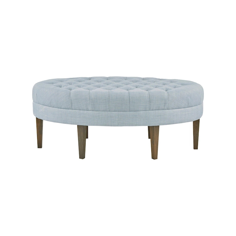 Ottoman capitonné ovale en tissu marron/beige/bleu pâle, 1 place