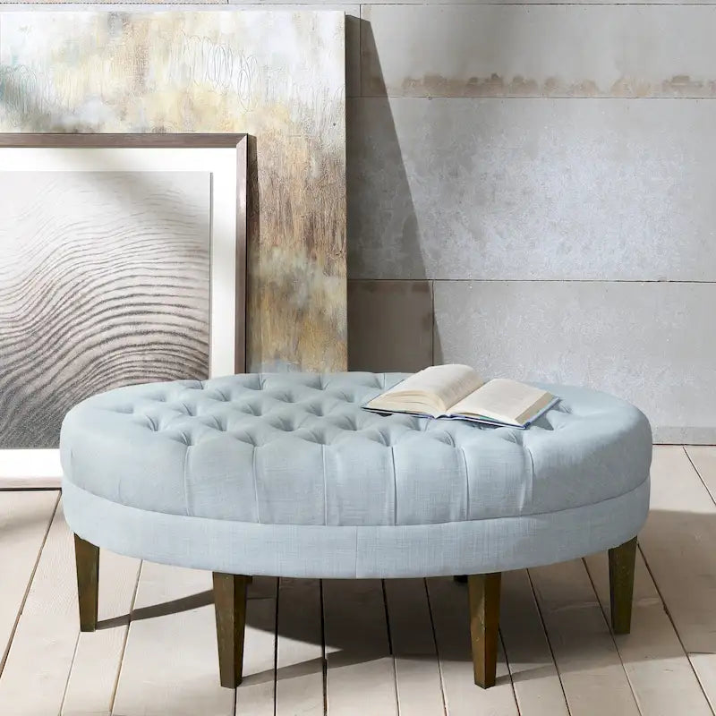 Ottoman capitonné ovale en tissu marron/beige/bleu pâle, 1 place