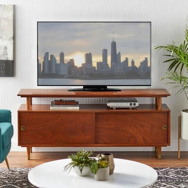 Meuble TV Mid-Century Modern 5 couleurs 60" avec portes coulissantes et étagère ouverte pour 1