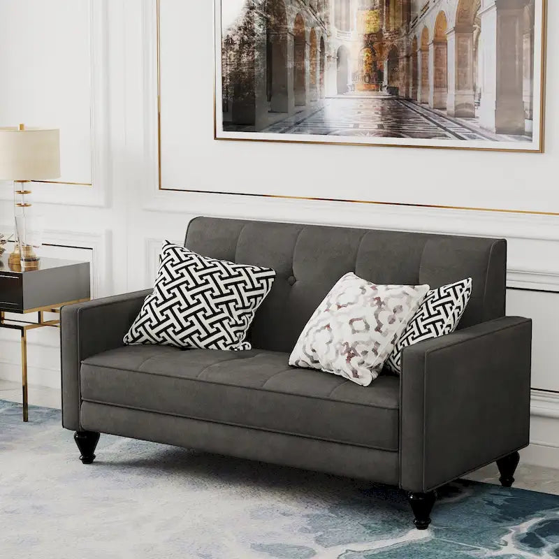 Causeuse 2 places en velours beige/noir avec pieds en métal