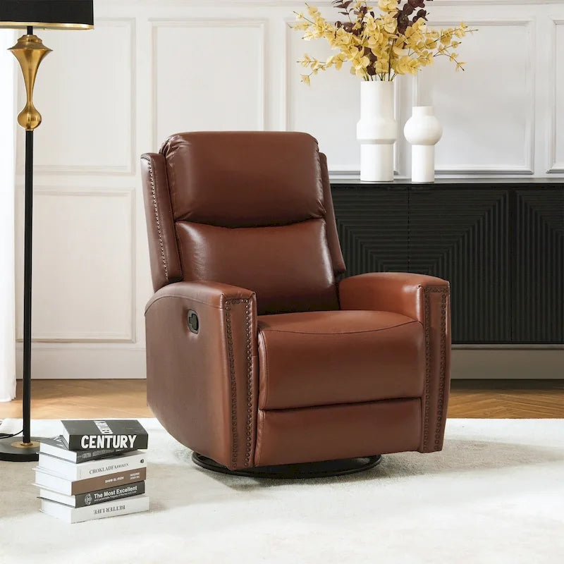 Fauteuil relax pivotant et à bascule en cuir Mid-Century avec garniture cloutée, 11 couleurs disponibles