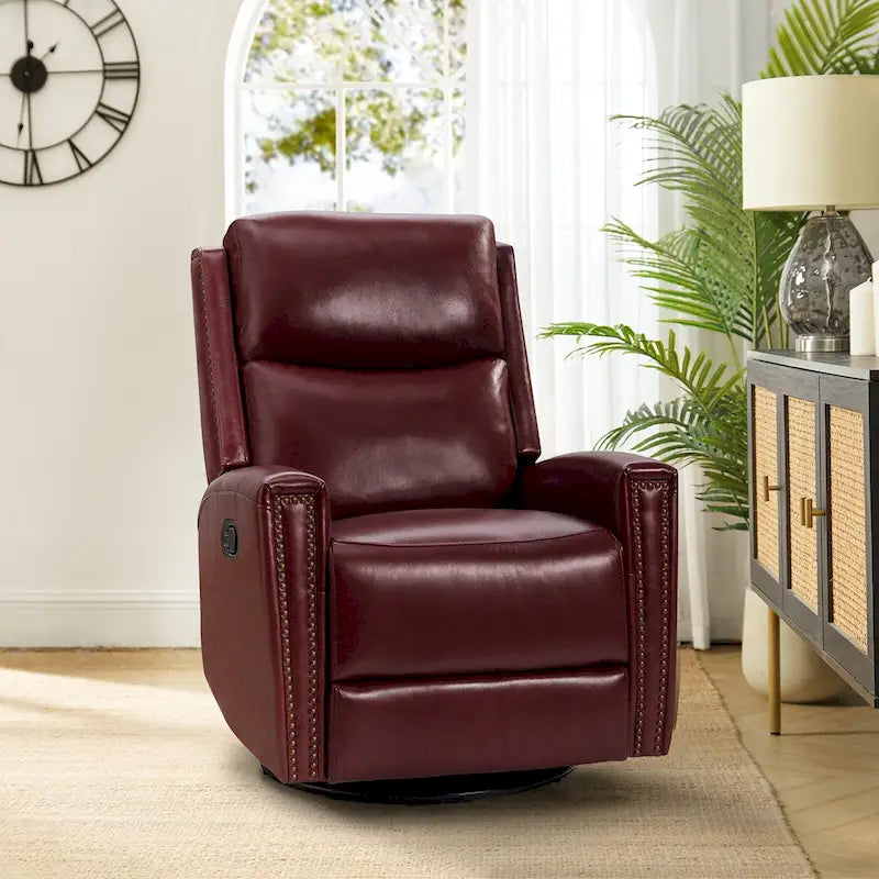 Fauteuil relax pivotant et à bascule en cuir Mid-Century avec garniture cloutée, 11 couleurs disponibles