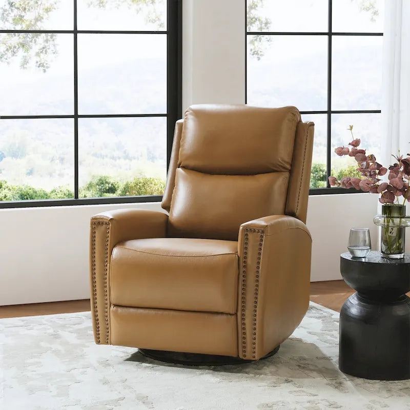 Fauteuil relax pivotant et à bascule en cuir Mid-Century avec garniture cloutée, 11 couleurs disponibles