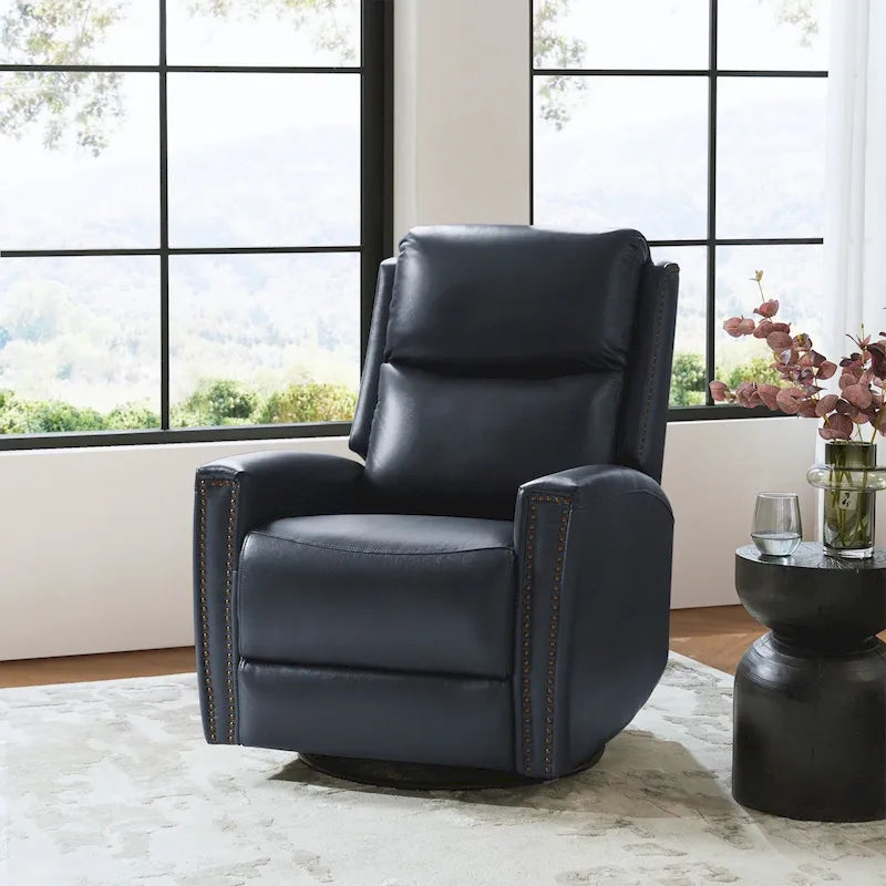 Fauteuil relax pivotant et à bascule en cuir Mid-Century avec garniture cloutée, 11 couleurs disponibles