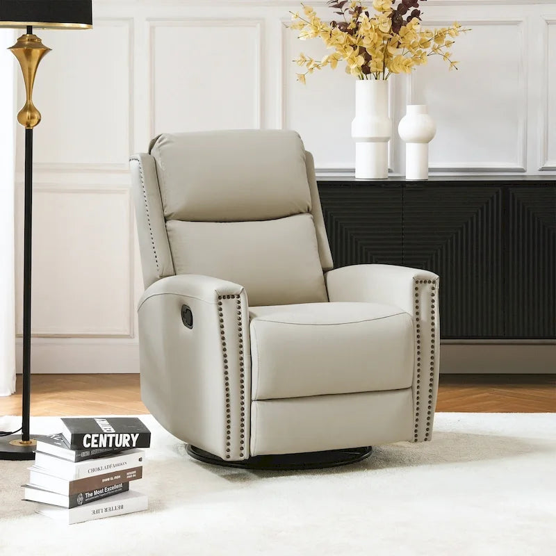 Fauteuil relax pivotant et à bascule en cuir Mid-Century avec garniture cloutée, 11 couleurs disponibles