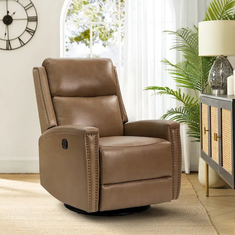 Fauteuil relax pivotant et à bascule en cuir Mid-Century avec garniture cloutée, 11 couleurs disponibles