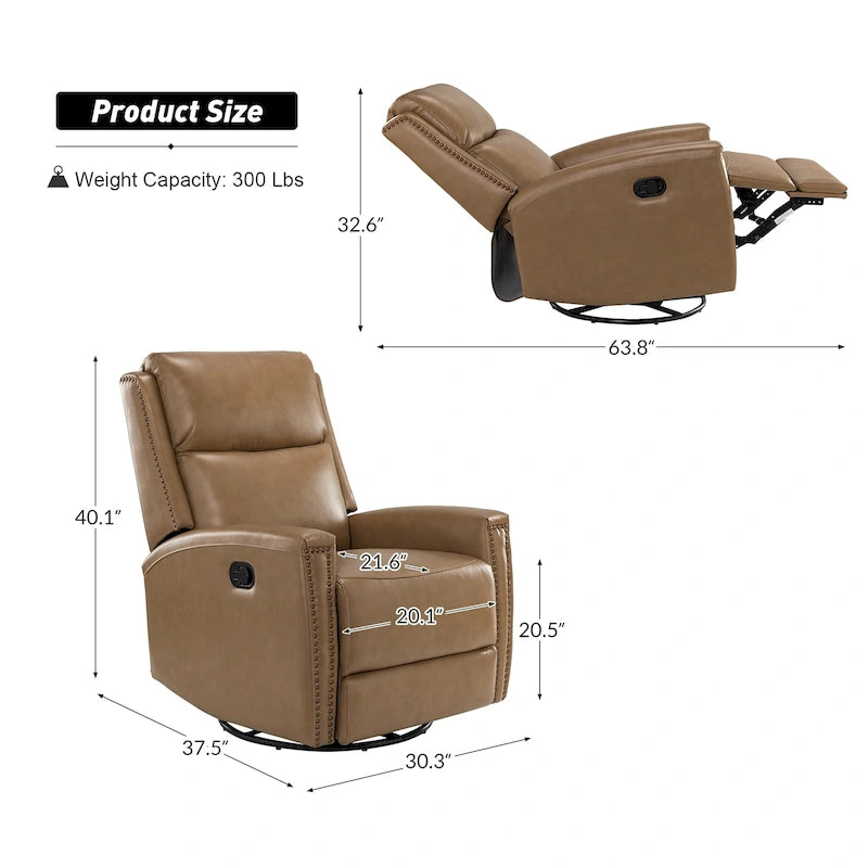 Fauteuil relax pivotant et à bascule en cuir Mid-Century avec garniture cloutée, 11 couleurs disponibles