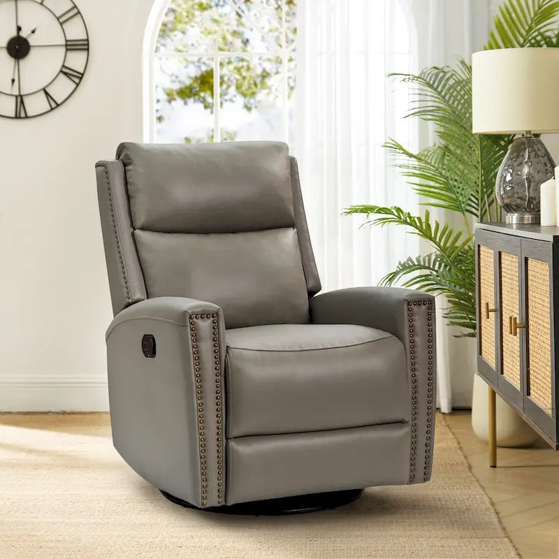 Fauteuil relax pivotant et à bascule en cuir Mid-Century avec garniture cloutée, 11 couleurs disponibles