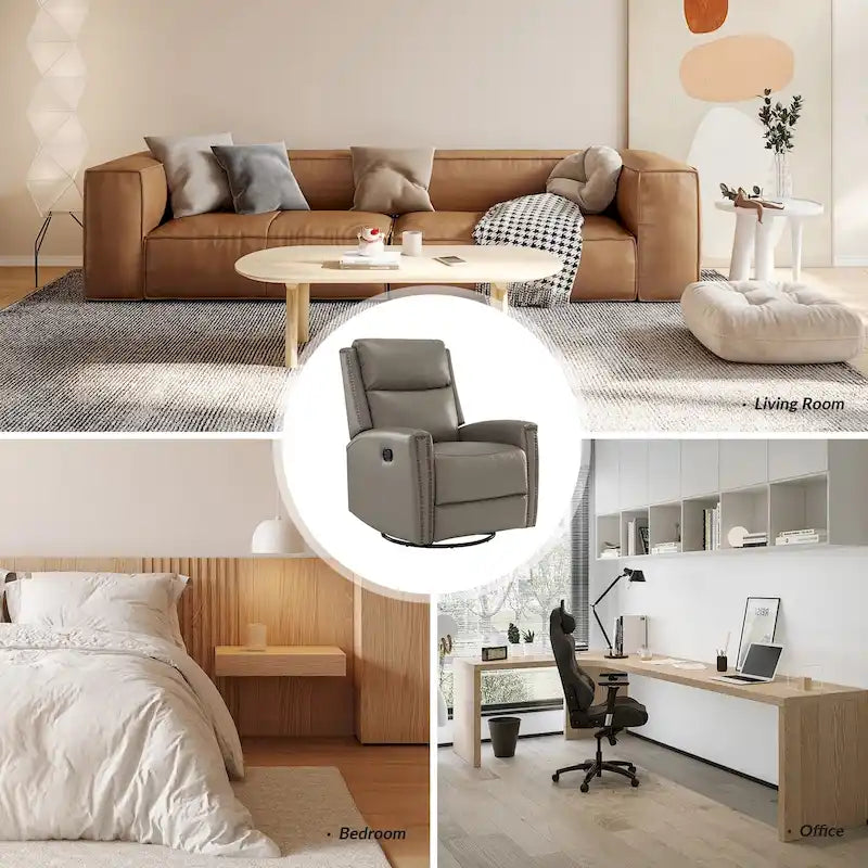 Fauteuil relax pivotant et à bascule en cuir Mid-Century avec garniture cloutée, 11 couleurs disponibles