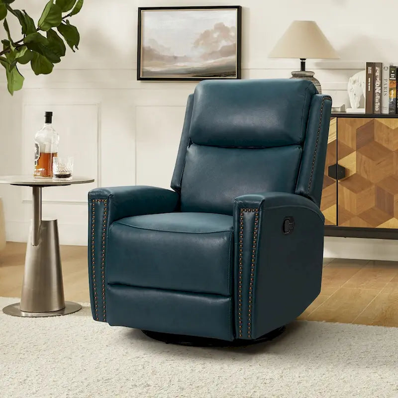 Fauteuil relax pivotant et à bascule en cuir Mid-Century avec garniture cloutée, 11 couleurs disponibles