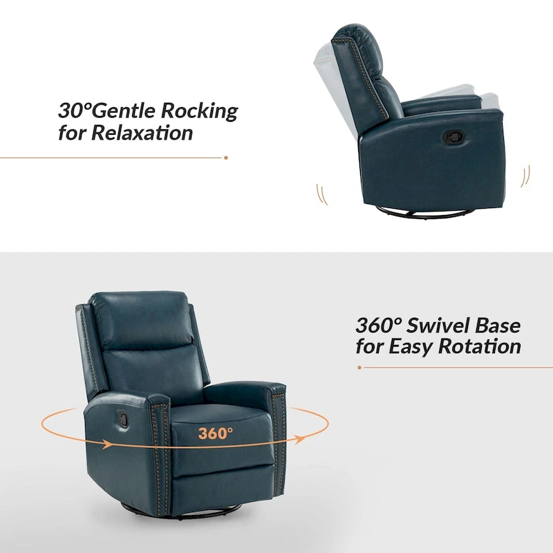 Fauteuil relax pivotant et à bascule en cuir Mid-Century avec garniture cloutée, 11 couleurs disponibles