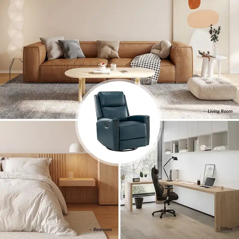 Fauteuil relax pivotant et à bascule en cuir Mid-Century avec garniture cloutée, 11 couleurs disponibles