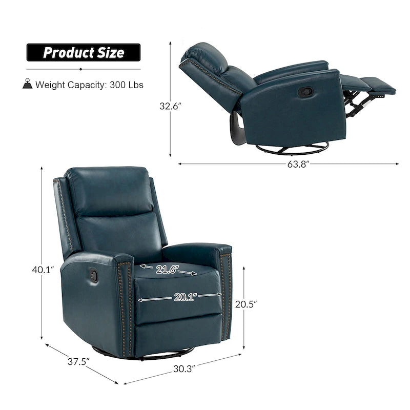 Fauteuil relax pivotant et à bascule en cuir Mid-Century avec garniture cloutée, 11 couleurs disponibles