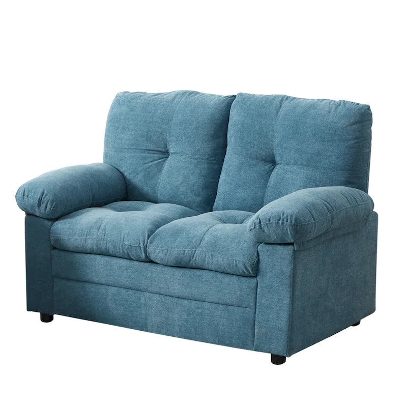 Causeuse capitonnée de style chenille, 2 places, bleu/chameau clair
