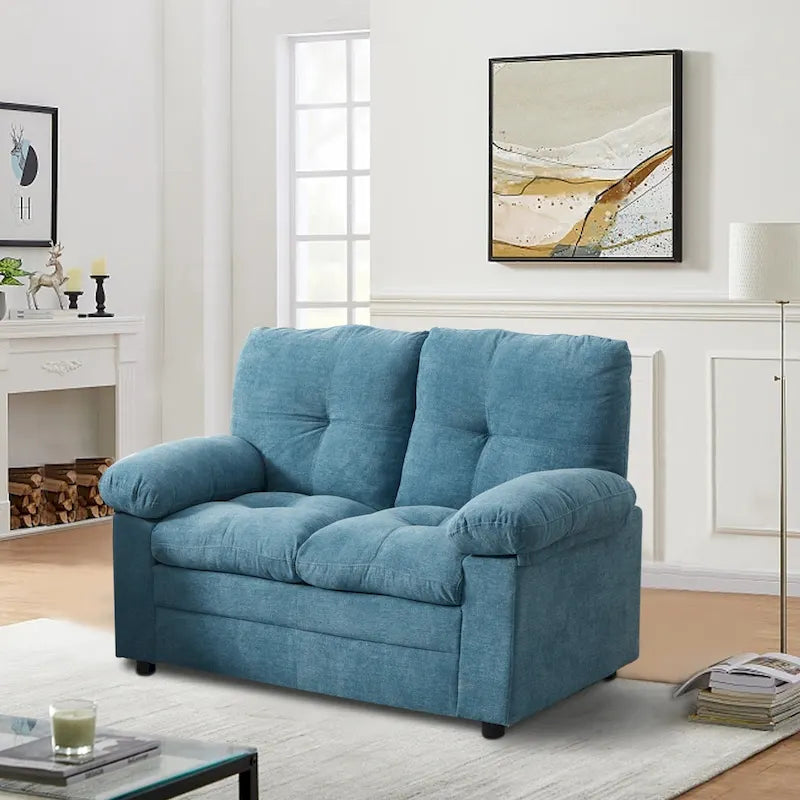 Causeuse capitonnée de style chenille, 2 places, bleu/chameau clair