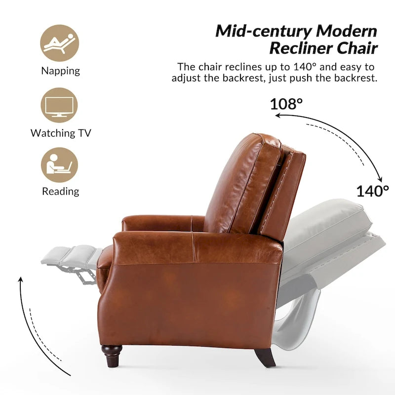 Fauteuil inclinable en cuir véritable 8 couleurs avec clous de tapissier, 1 place