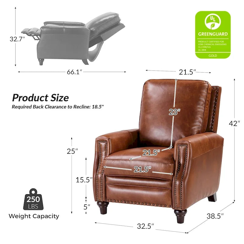 Fauteuil inclinable en cuir véritable 8 couleurs avec clous de tapissier, 1 place