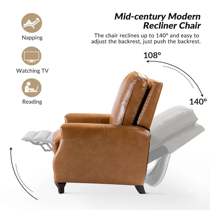 Fauteuil inclinable en cuir véritable 8 couleurs avec clous de tapissier, 1 place