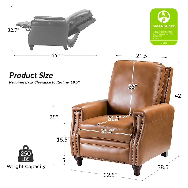 Fauteuil inclinable en cuir véritable 8 couleurs avec clous de tapissier, 1 place