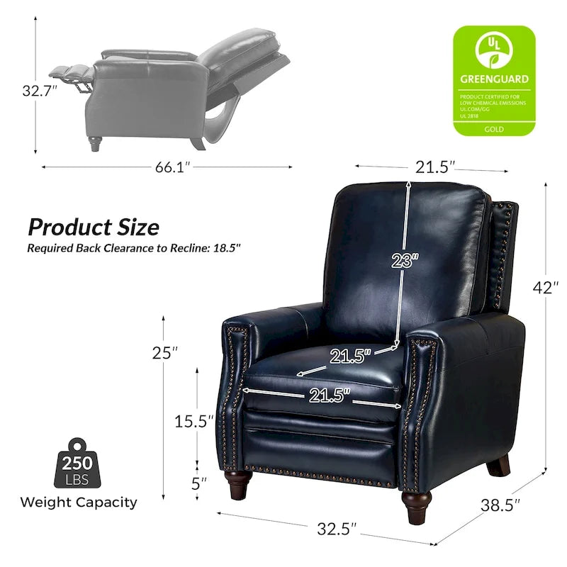 Fauteuil inclinable en cuir véritable 8 couleurs avec clous de tapissier, 1 place