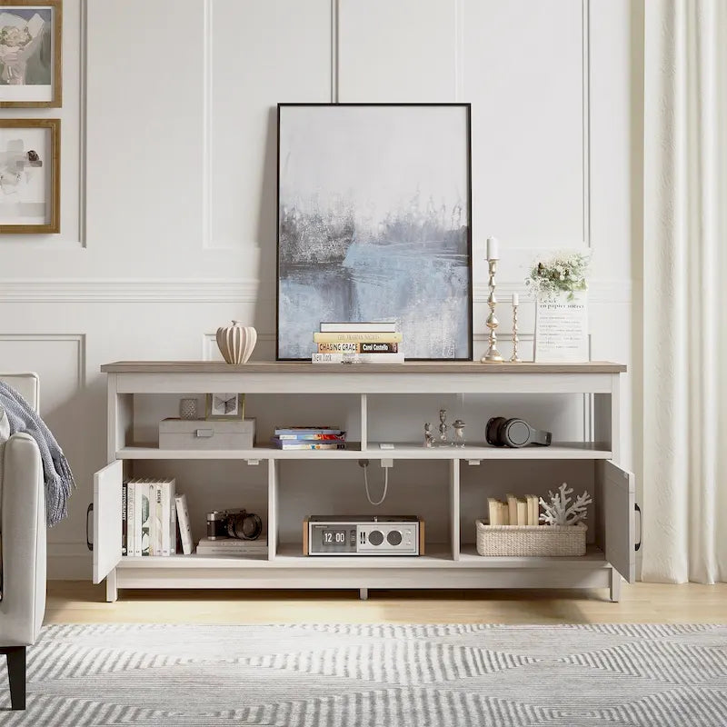Meuble TV de ferme aspect bois avec portes en X, prise de courant et USB | Convient aux téléviseurs jusqu'à 65 pouces
