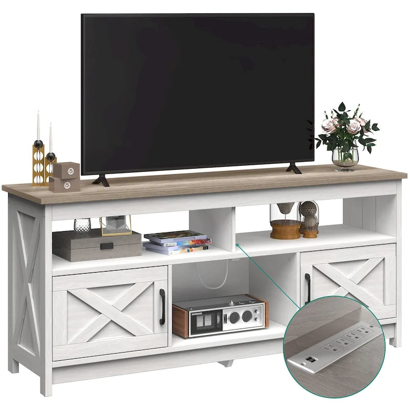Meuble TV de ferme aspect bois avec portes en X, prise de courant et USB | Convient aux téléviseurs jusqu'à 65 pouces