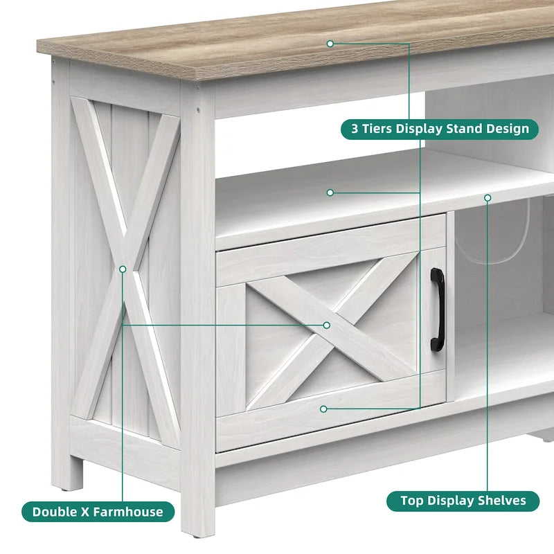 Meuble TV de ferme aspect bois avec portes en X, prise de courant et USB | Convient aux téléviseurs jusqu'à 65 pouces