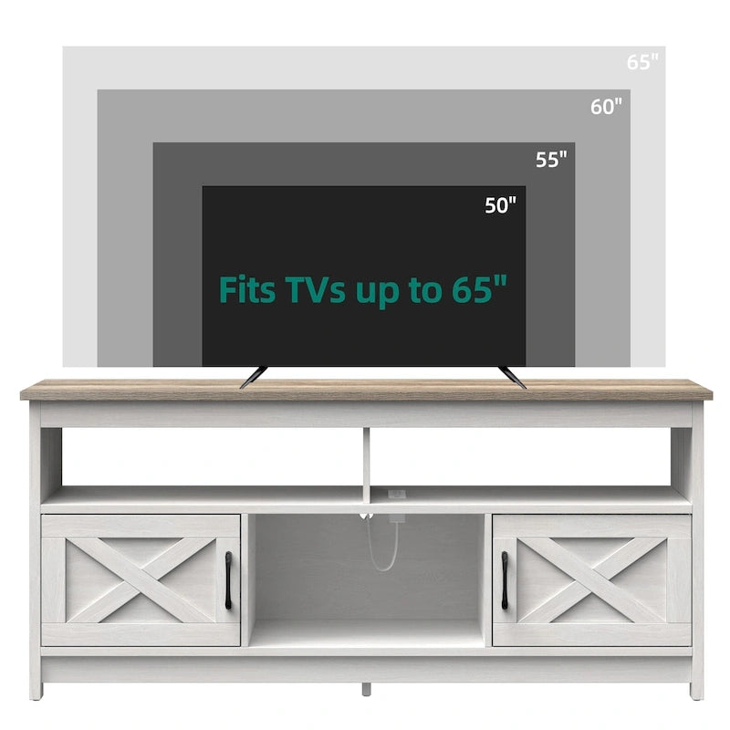 Meuble TV de ferme aspect bois avec portes en X, prise de courant et USB | Convient aux téléviseurs jusqu'à 65 pouces