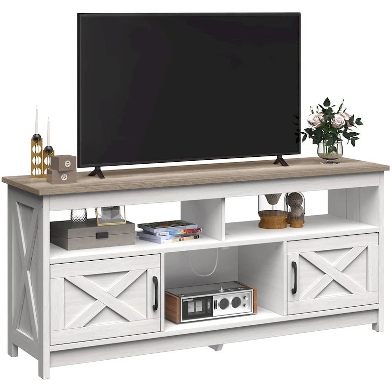 Meuble TV de ferme aspect bois avec portes en X, prise de courant et USB | Convient aux téléviseurs jusqu'à 65 pouces