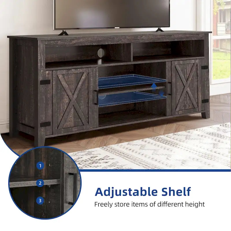Meuble TV de ferme aspect bois avec portes en X, prise de courant et USB | Convient aux téléviseurs jusqu'à 65 pouces