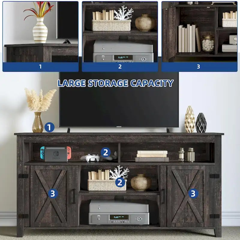 Meuble TV de ferme aspect bois avec portes en X, prise de courant et USB | Convient aux téléviseurs jusqu'à 65 pouces