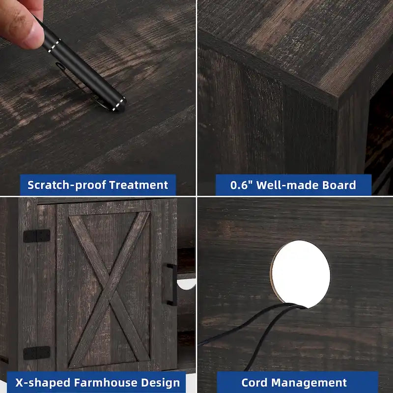 Meuble TV de ferme aspect bois avec portes en X, prise de courant et USB | Convient aux téléviseurs jusqu'à 65 pouces
