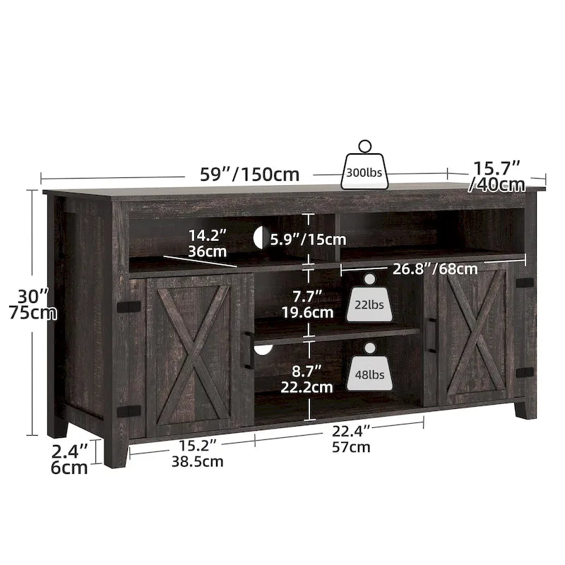 Meuble TV de ferme aspect bois avec portes en X, prise de courant et USB | Convient aux téléviseurs jusqu'à 65 pouces