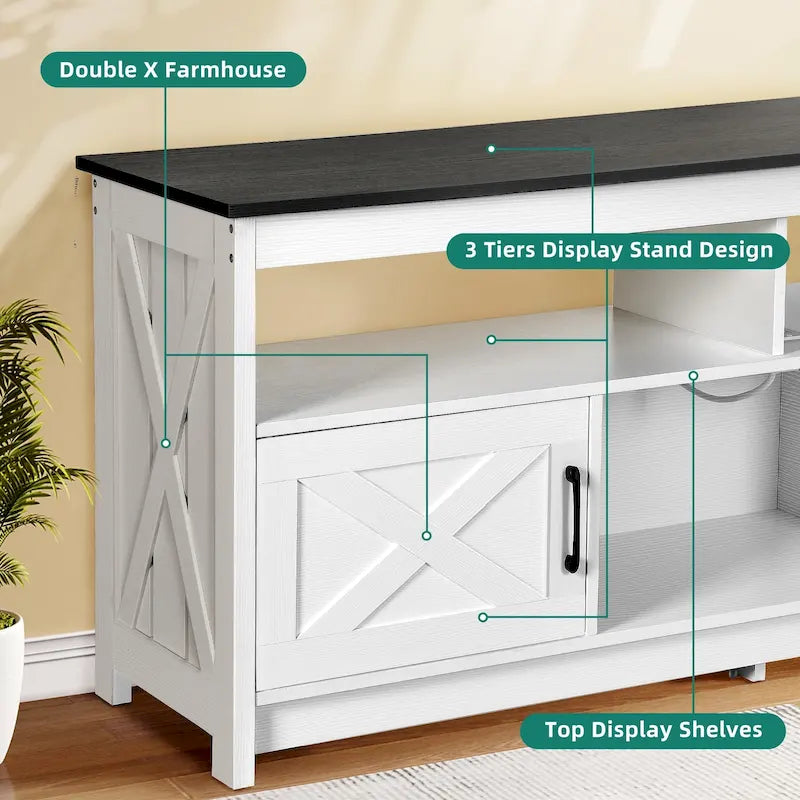 Meuble TV de ferme aspect bois avec portes en X, prise de courant et USB | Convient aux téléviseurs jusqu'à 65 pouces