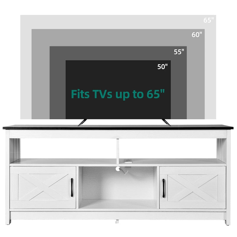 Meuble TV de ferme aspect bois avec portes en X, prise de courant et USB | Convient aux téléviseurs jusqu'à 65 pouces
