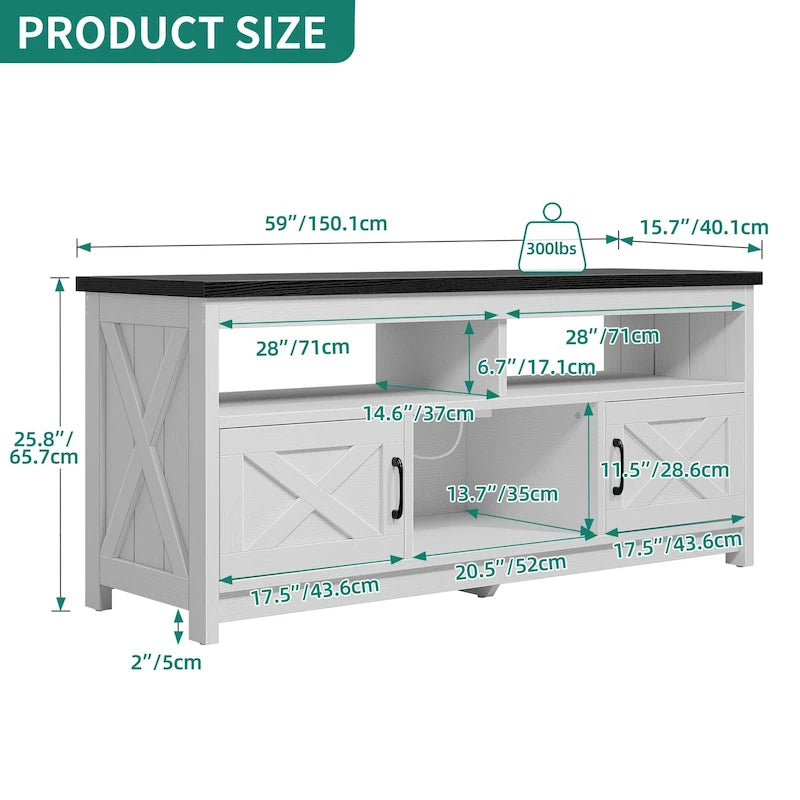 Meuble TV de ferme aspect bois avec portes en X, prise de courant et USB | Convient aux téléviseurs jusqu'à 65 pouces